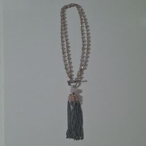 Multi Strand Pink Beaded Silver Tone Chain Tassel Y Drop Lariat Necklace